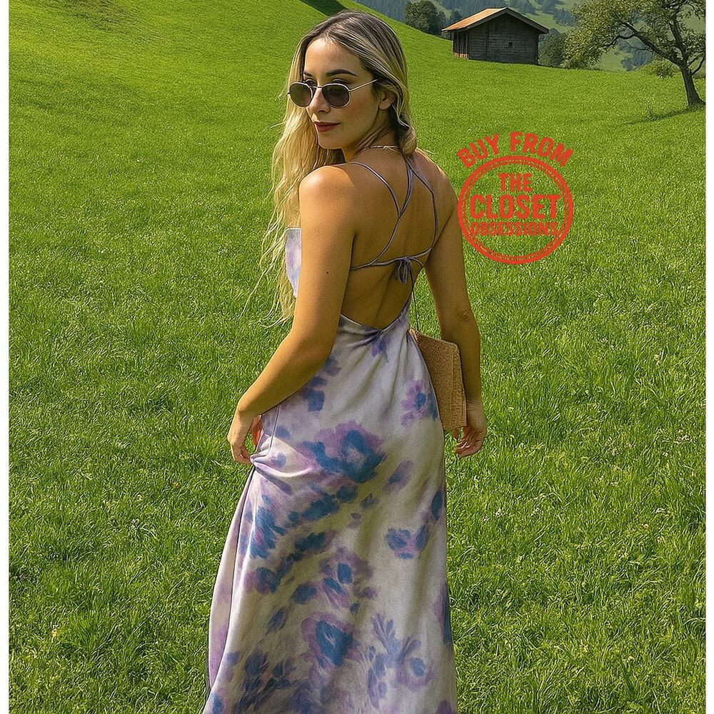 ZARA Watercolor Floral Maxi Dress NWT Cowl Neck Open Back Wedding Guest M L - Picture 12 of 16